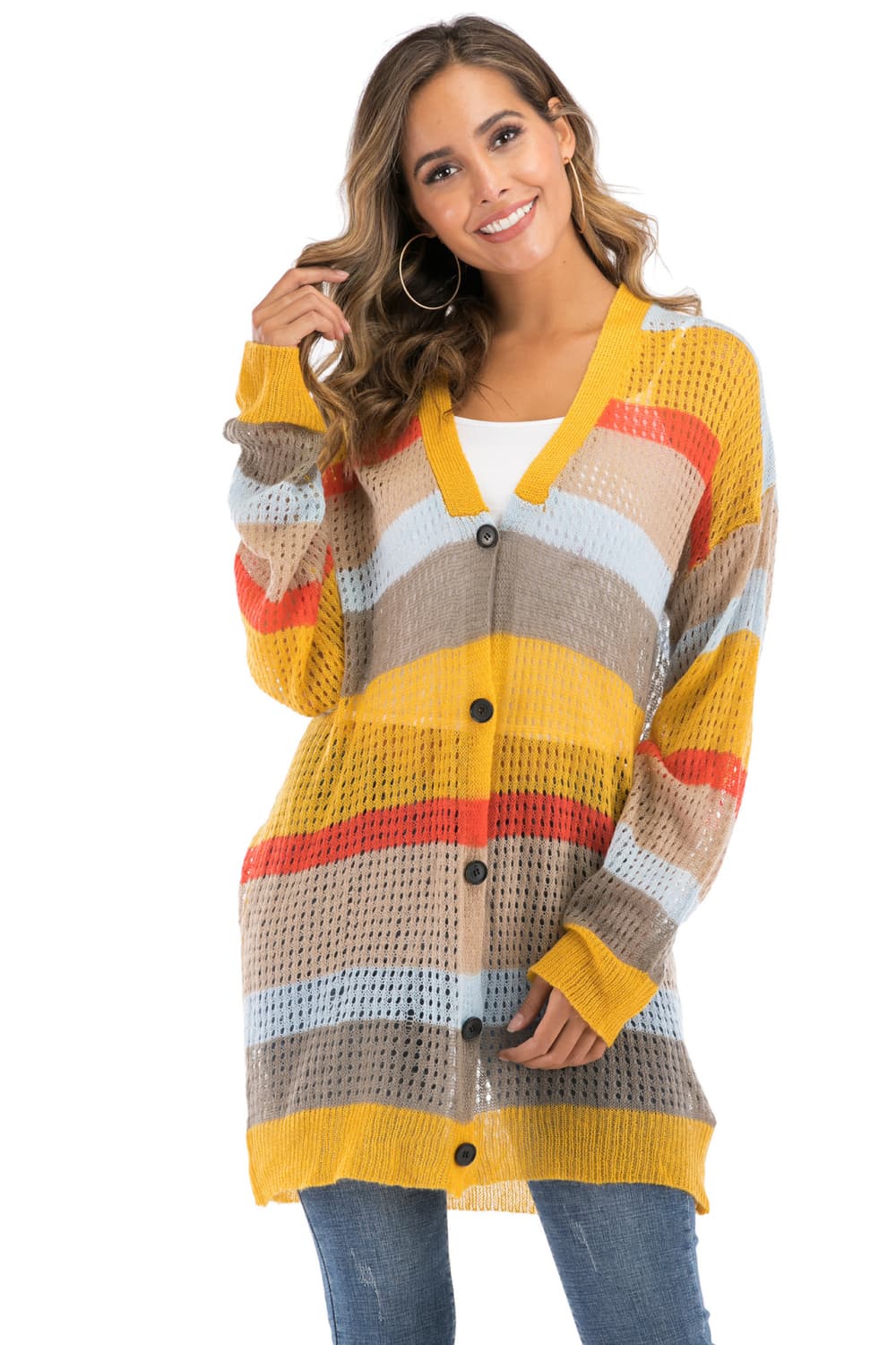 Honeybee Mumford's Color Block Openwork Long Sleeve Cardigan