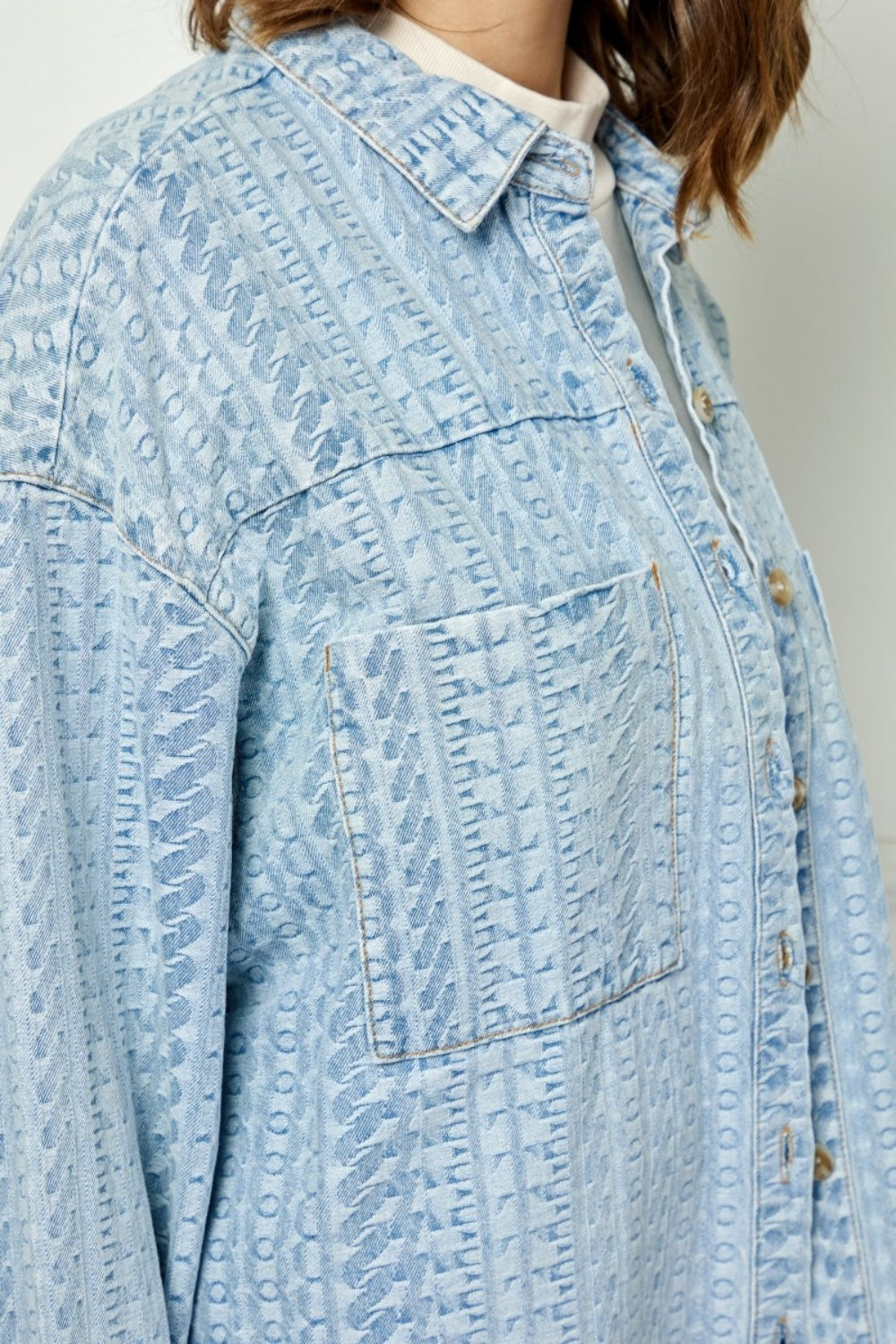 Honeybee Mumford's Veveret Button Up Dropped Shoulder Denim Top