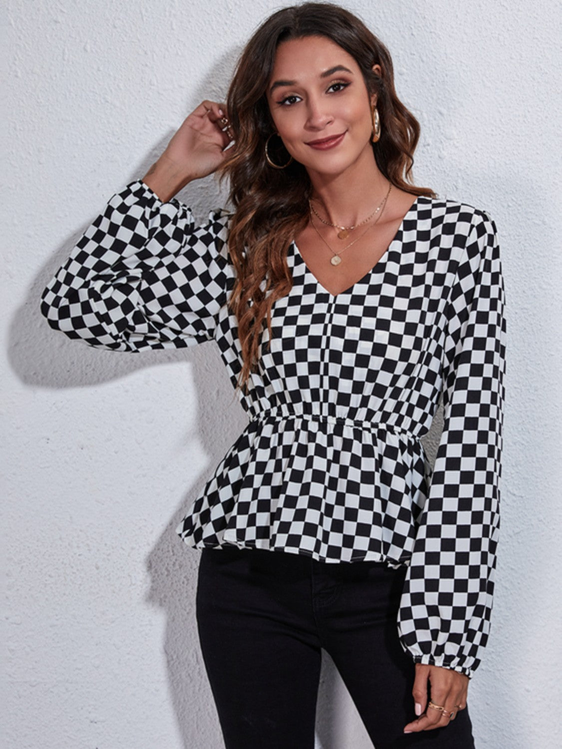 Honeybee Mumford's Checkered V-Neck Balloon Sleeve Peplum Blouse