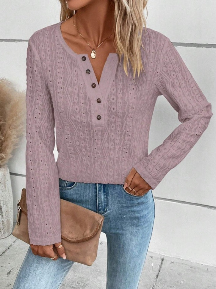 Honeybee Mumford's Openwork Half Button Long Sleeve Blouse