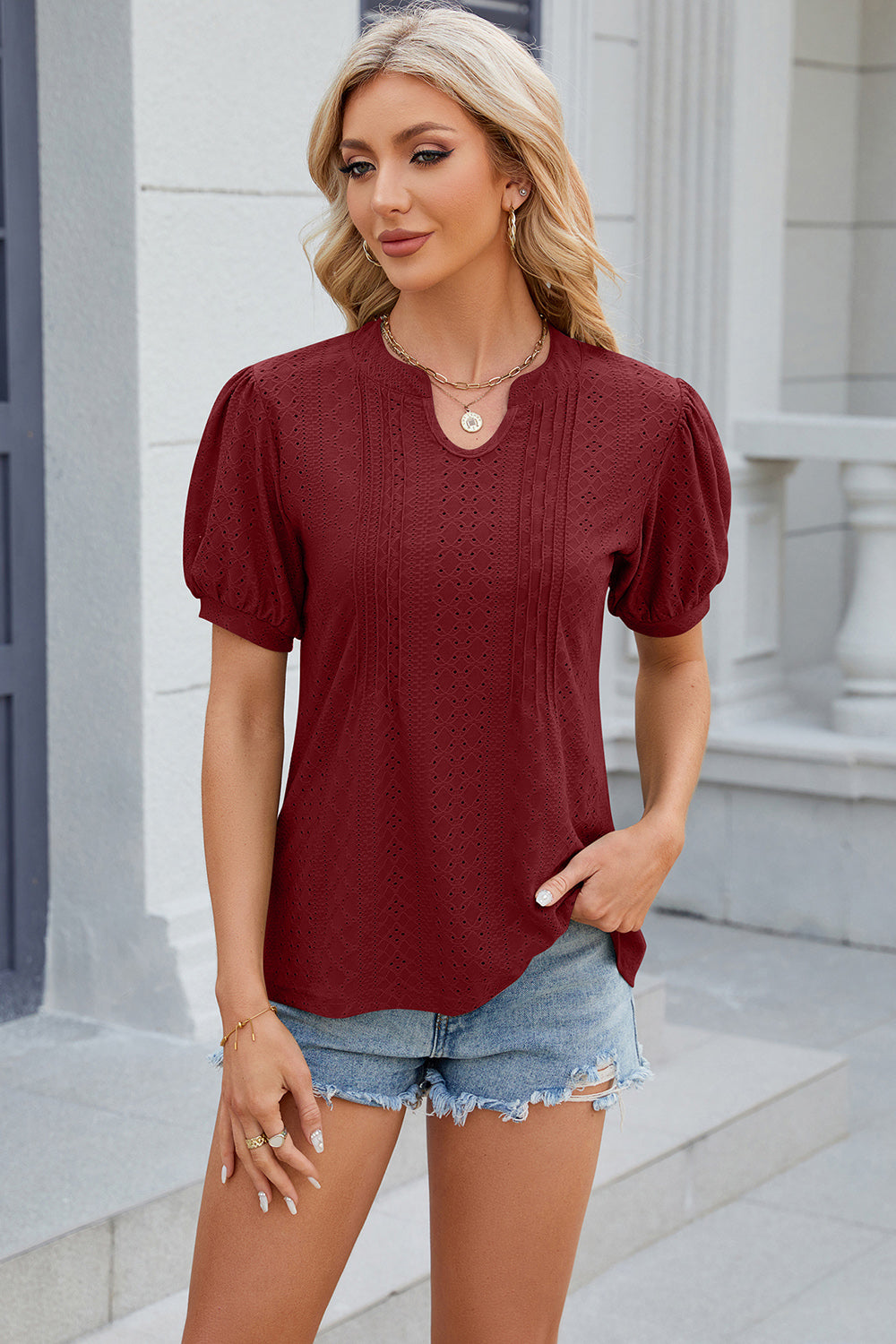 Honeybee Mumford's Eyelet Notched Puff Sleeve Blouse