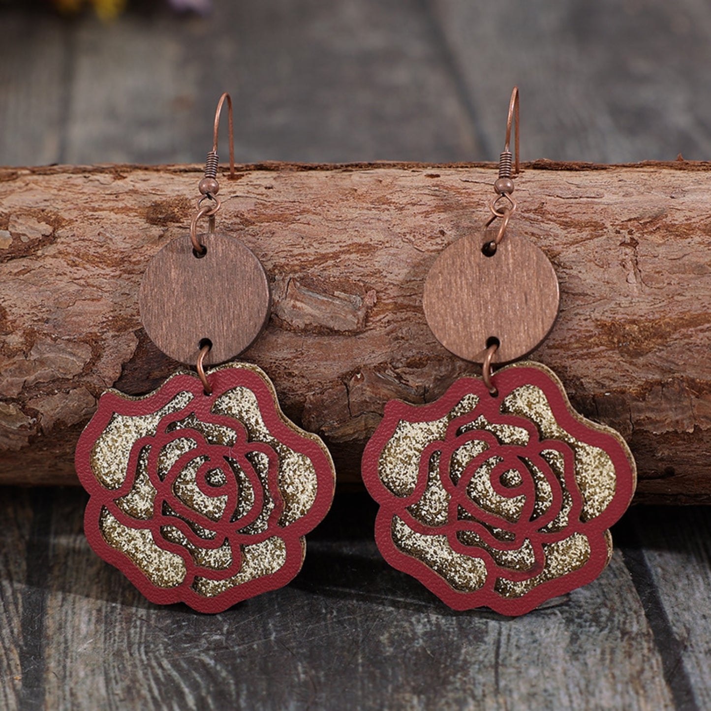 honeybee Mumford's Wooden Alloy Rose Shape Dangle Earrings