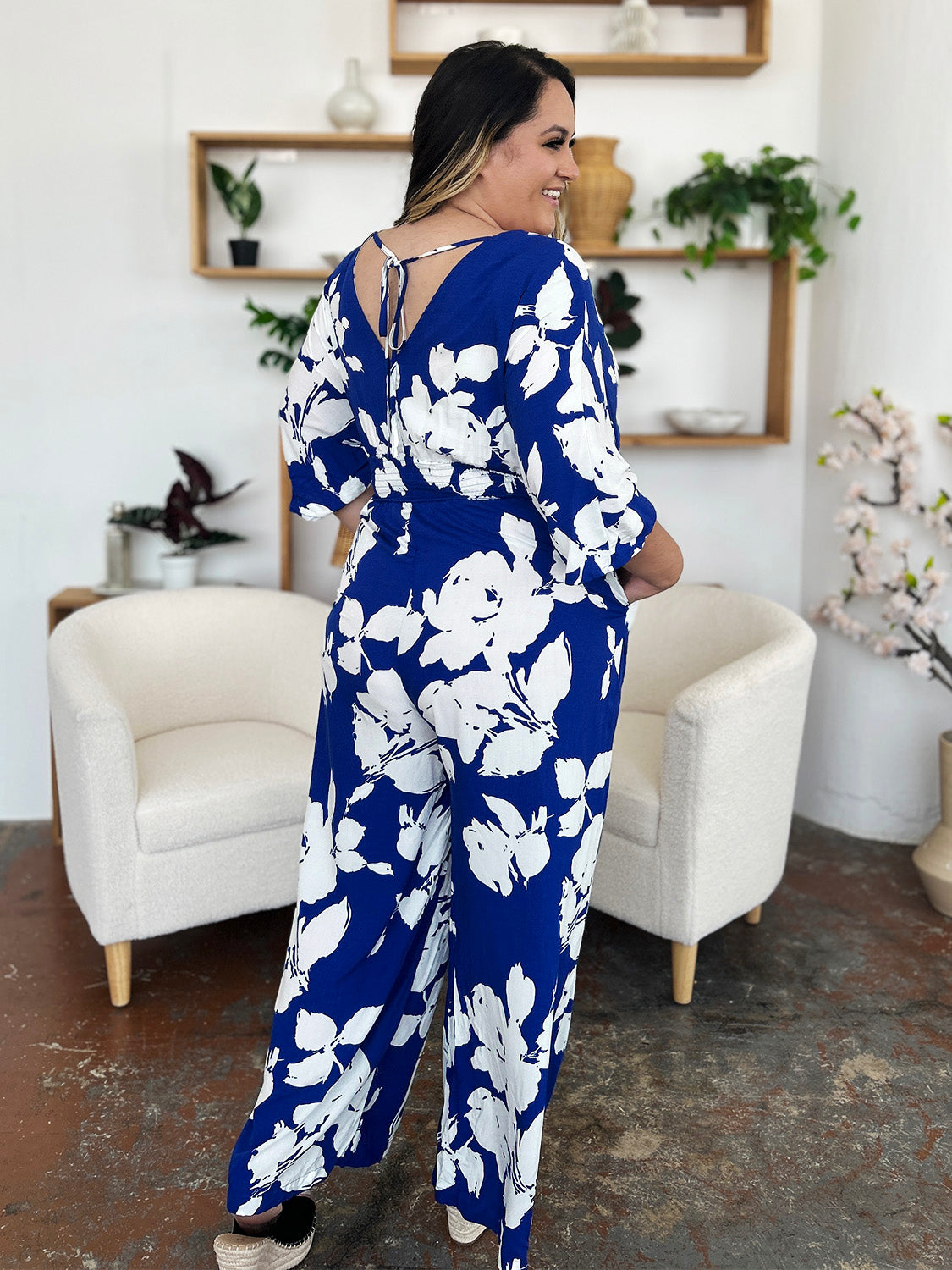 Honeybee Mumford's Full Size Printed Tie Back Wide Leg Jumpsuit