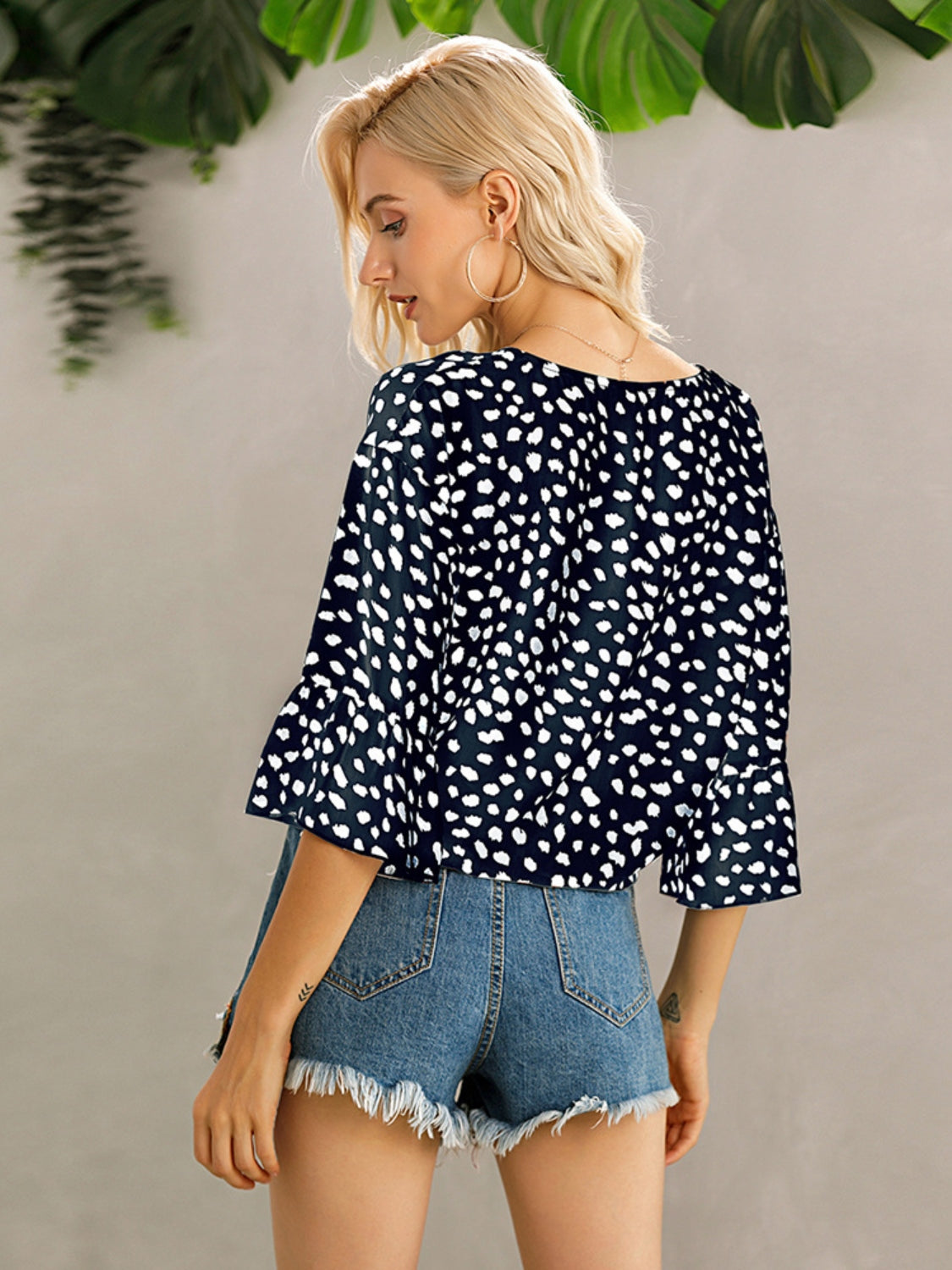 Honeybee Mumford's Tied Printed Button Up V-Neck Blouse