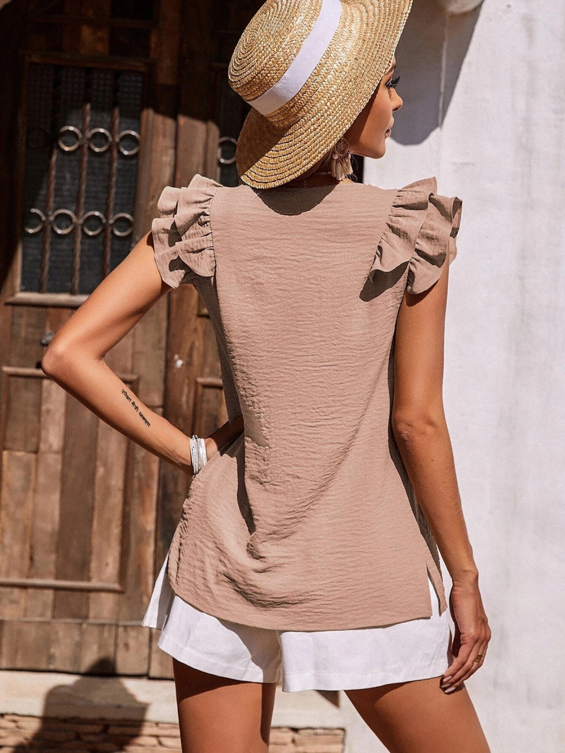 Honeybee Mumford's Ruffled V-Neck Cap Sleeve Blouse