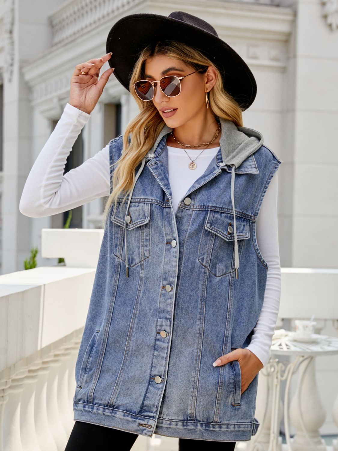 Honeybee Mumford's Drawstring Hooded Sleeveless Denim Top with Pockets