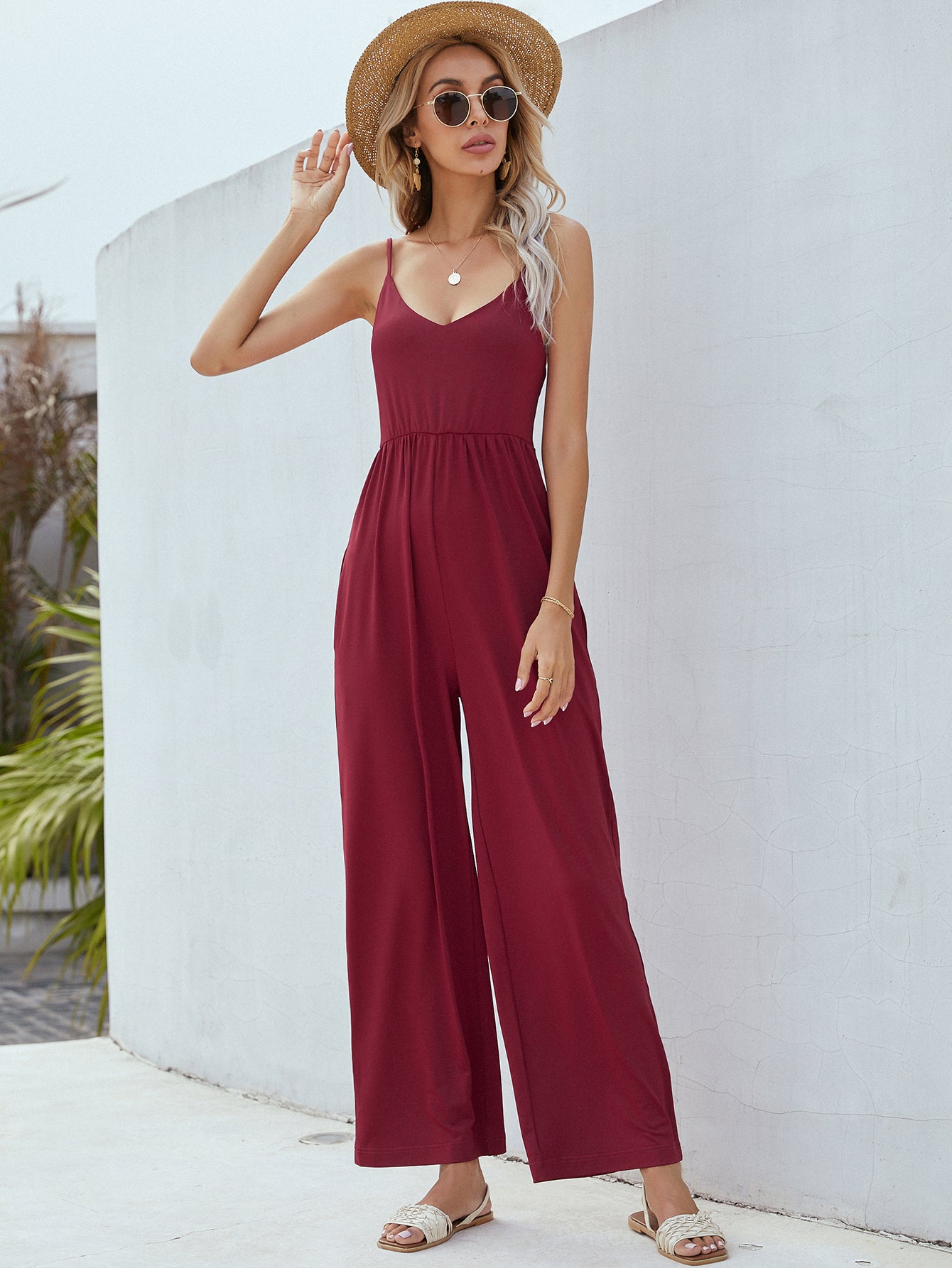 Honeybee Mumford's Adjustable Spaghetti Strap Jumpsuit with Pockets( wine, black and army green colors)