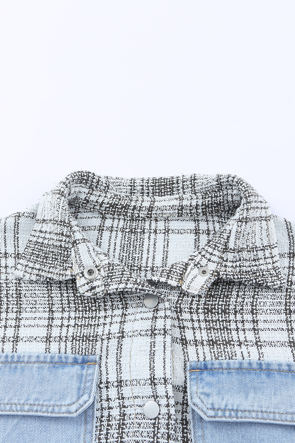 Honeybee Mumford's Sky Blue Plaid Patchwork Fringed Flap Pockets Denim Jacket