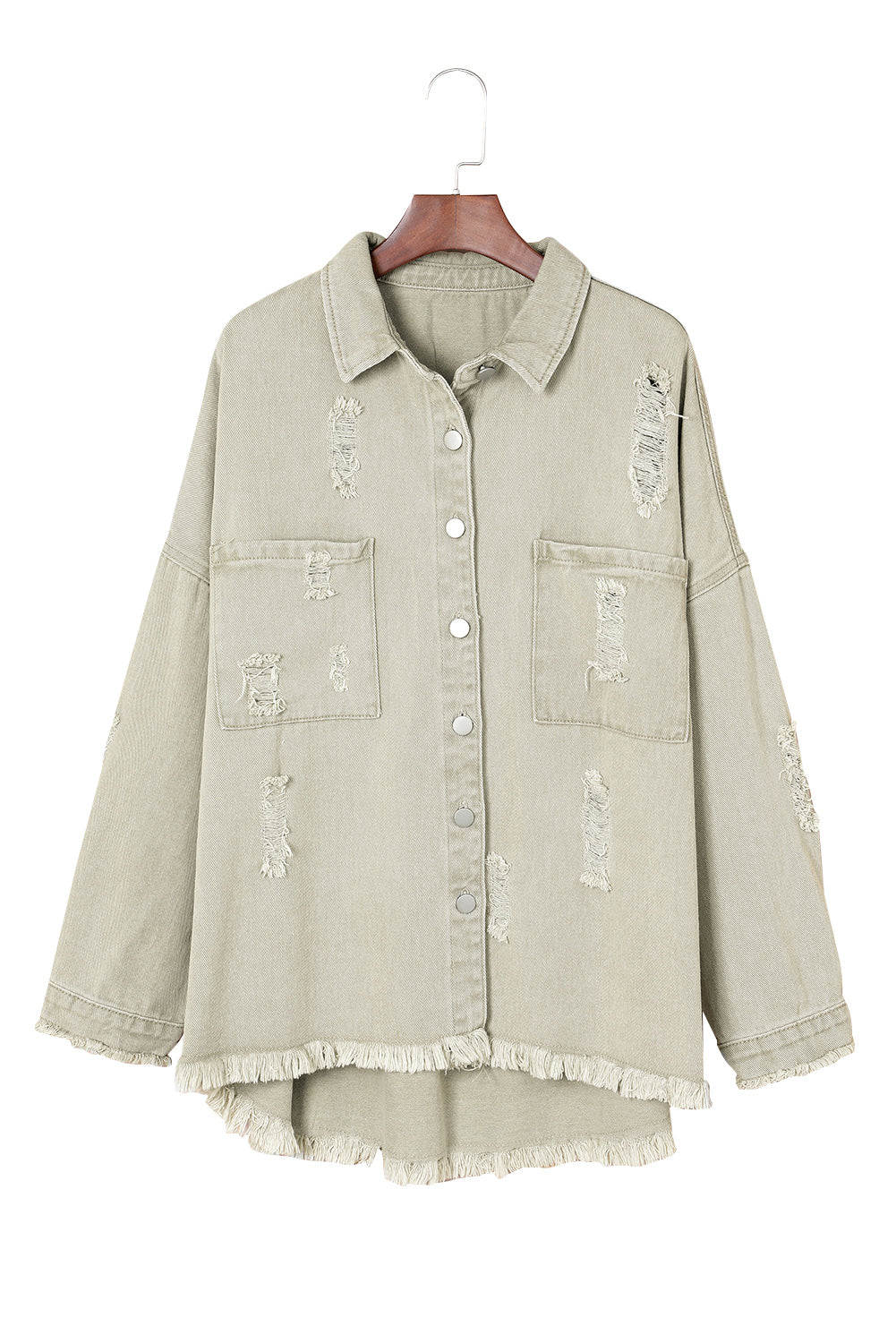 Honeybee Mumford's Green Distressed Fringe Trim Denim Jacket