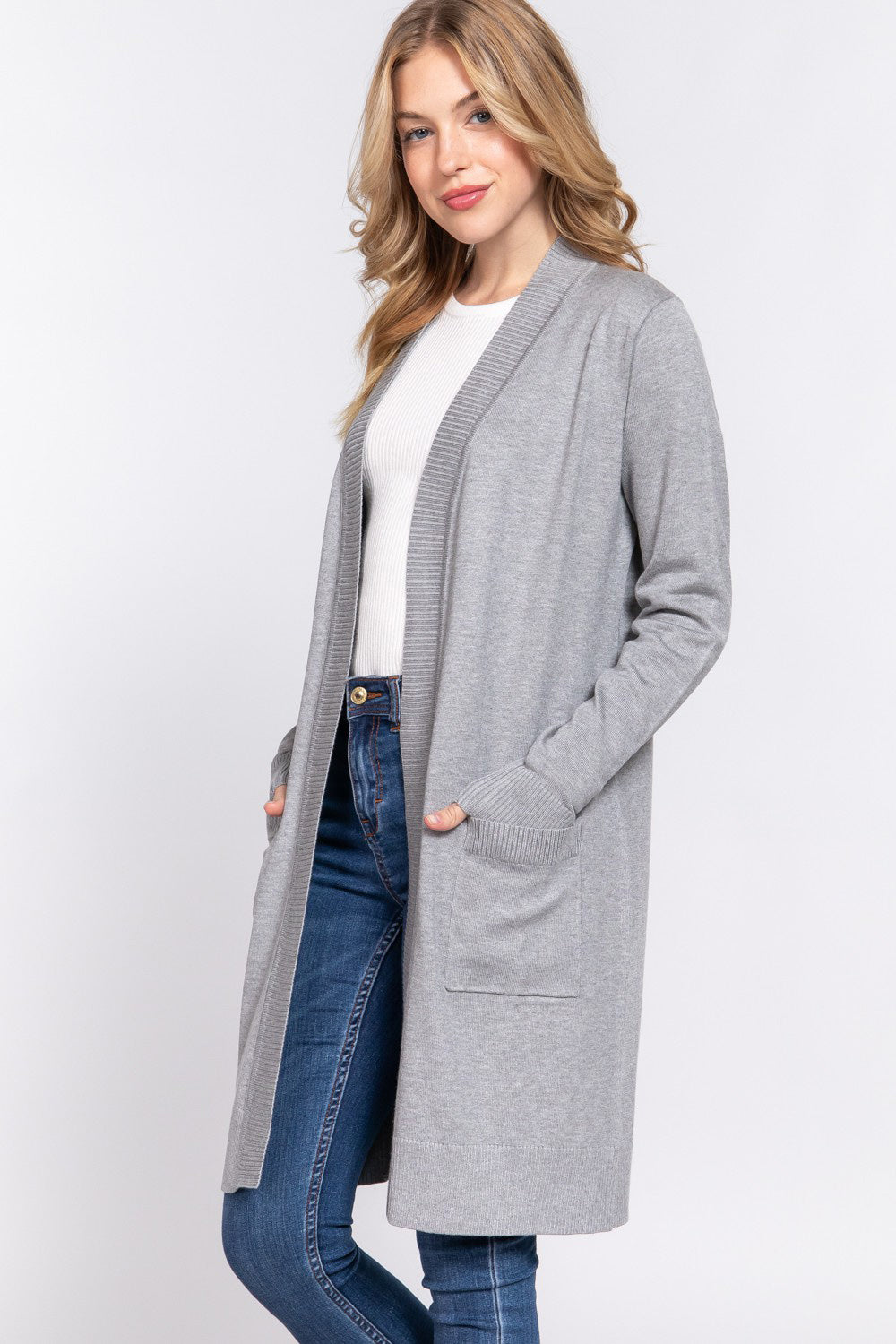 Honeybee Mumford's Grey Open Front Rib Trim w/ Long Sleeve Knit Cardigan