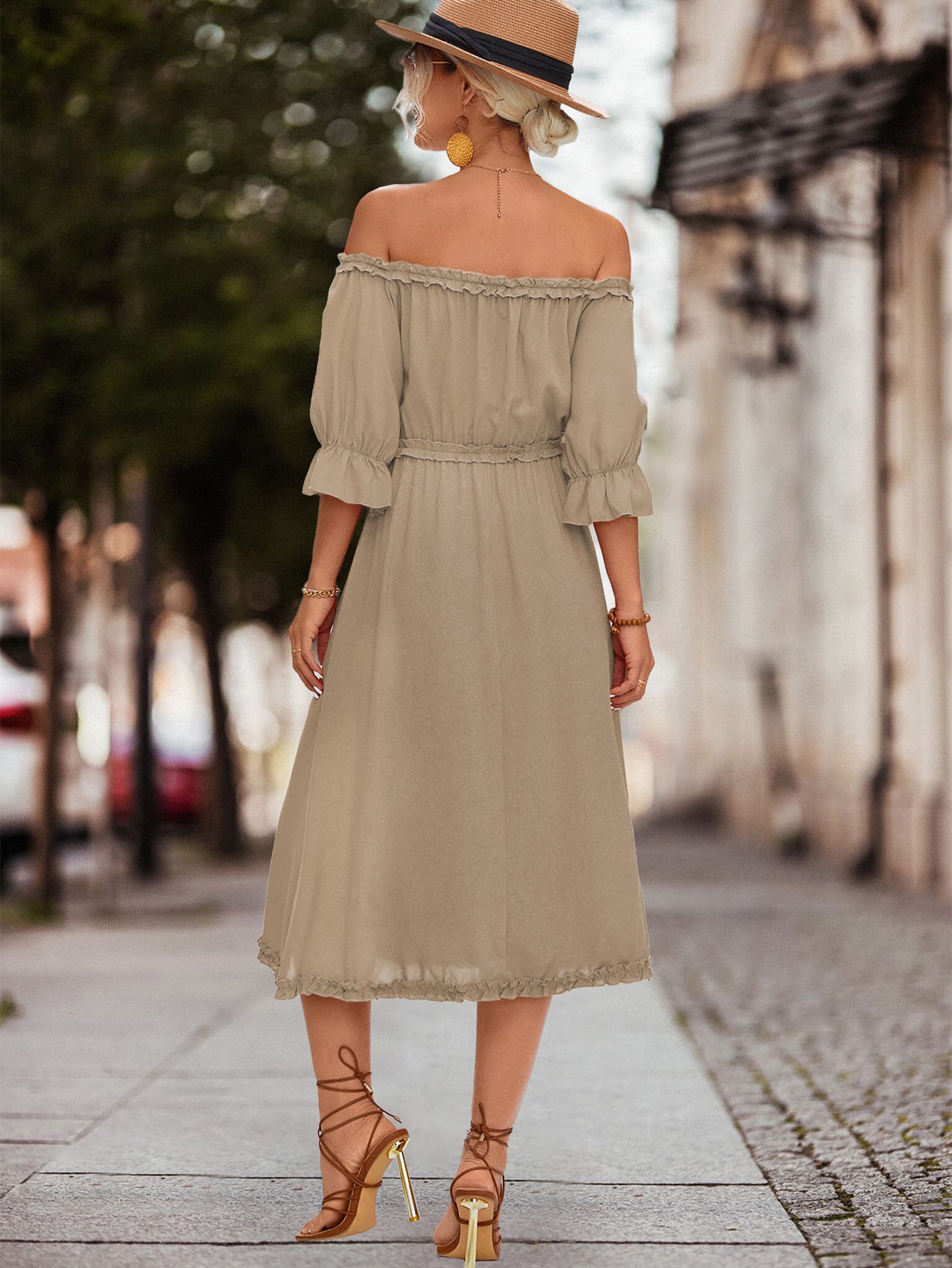 Honeybee Mumford's Frilled Off-Shoulder Flounce Sleeve Dress