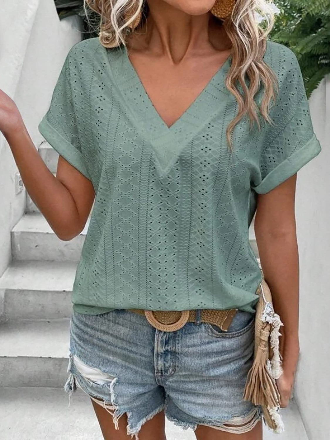 Honeybee Mumford's Eyelet V-Neck Short Sleeve Blouse