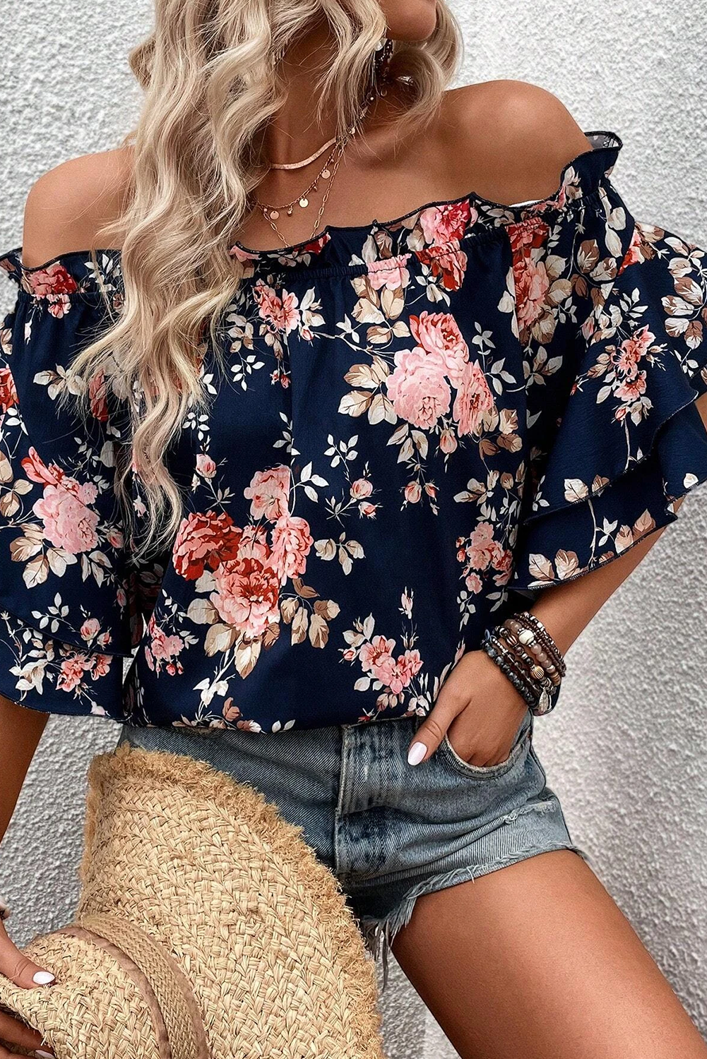 honeybee Mumford's Blue Ruffle Off Shoulder Flounce Sleeve Floral Blouse