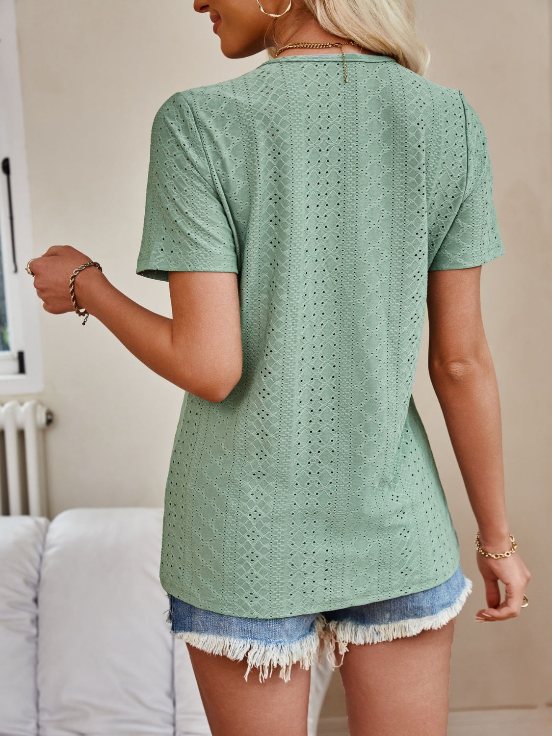 Honeybee Mumford's Eyelet V-Neck Short Sleeve Top