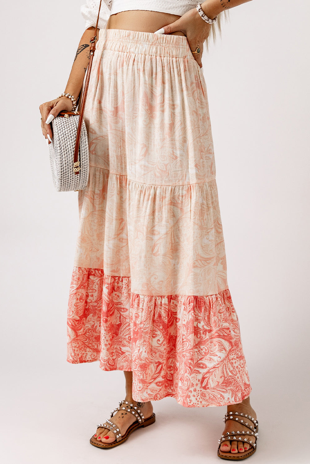 Honeybee Mumford's Pink Floral Print Ruffle Hem Tiered Maxi Skirt