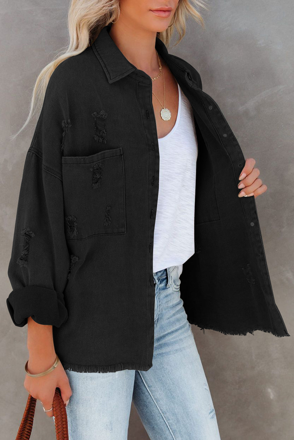 Honeybee Mumford's Black Distressed Fringe Trim Denim Jacket