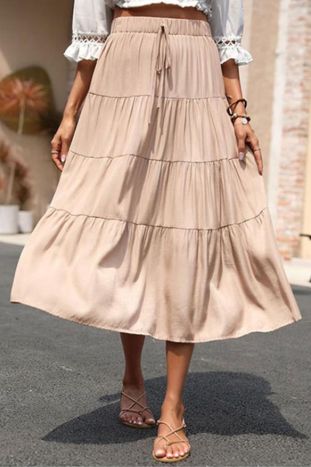 Honeybee Mumford's Elastic Waist Tiered Midi Skirt