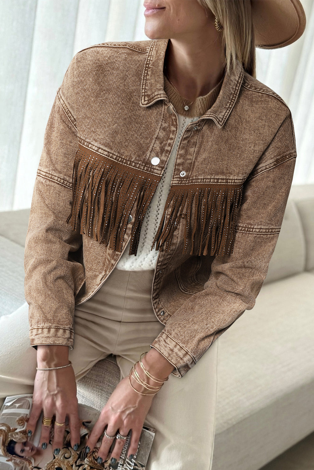 Honeybee Mumford's Brown Rhinestone Fringed Cowgirl Fashion Denim Jacket