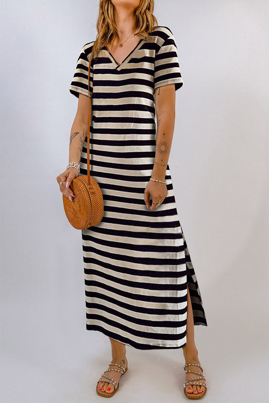 Honeybee Mumford's Striped V-Neck Short Sleeve Side Slit Dress