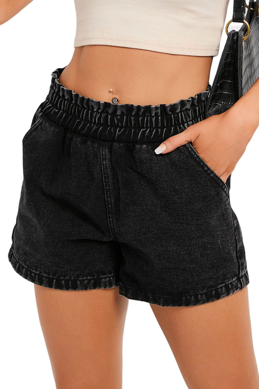 Honeybee Mumford's Black Retro Bleach-washed Ruffled Elastic High Waist Denim Shorts