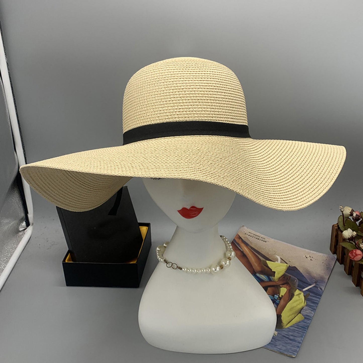 Honeybee Mumford's Paper Braided Wide Brim Hat w/ black Bow in Ivory, Navy, Black, Tan