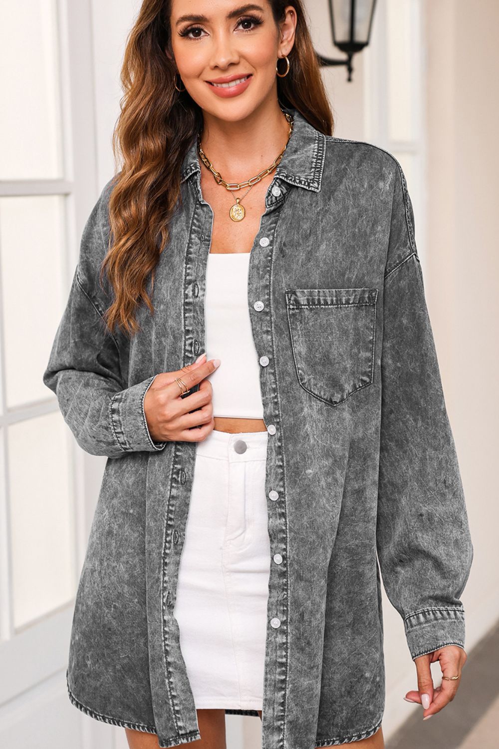 Honeybee Mumford's Button Up Dropped Shoulder Denim Top