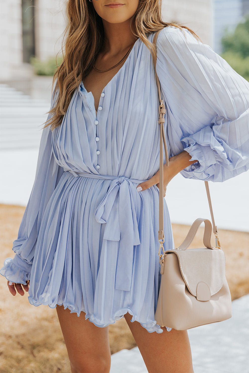 Honeybee Mumford's Sky Blue Pleated Ruffled Tie Waist Buttons V Neck Romper