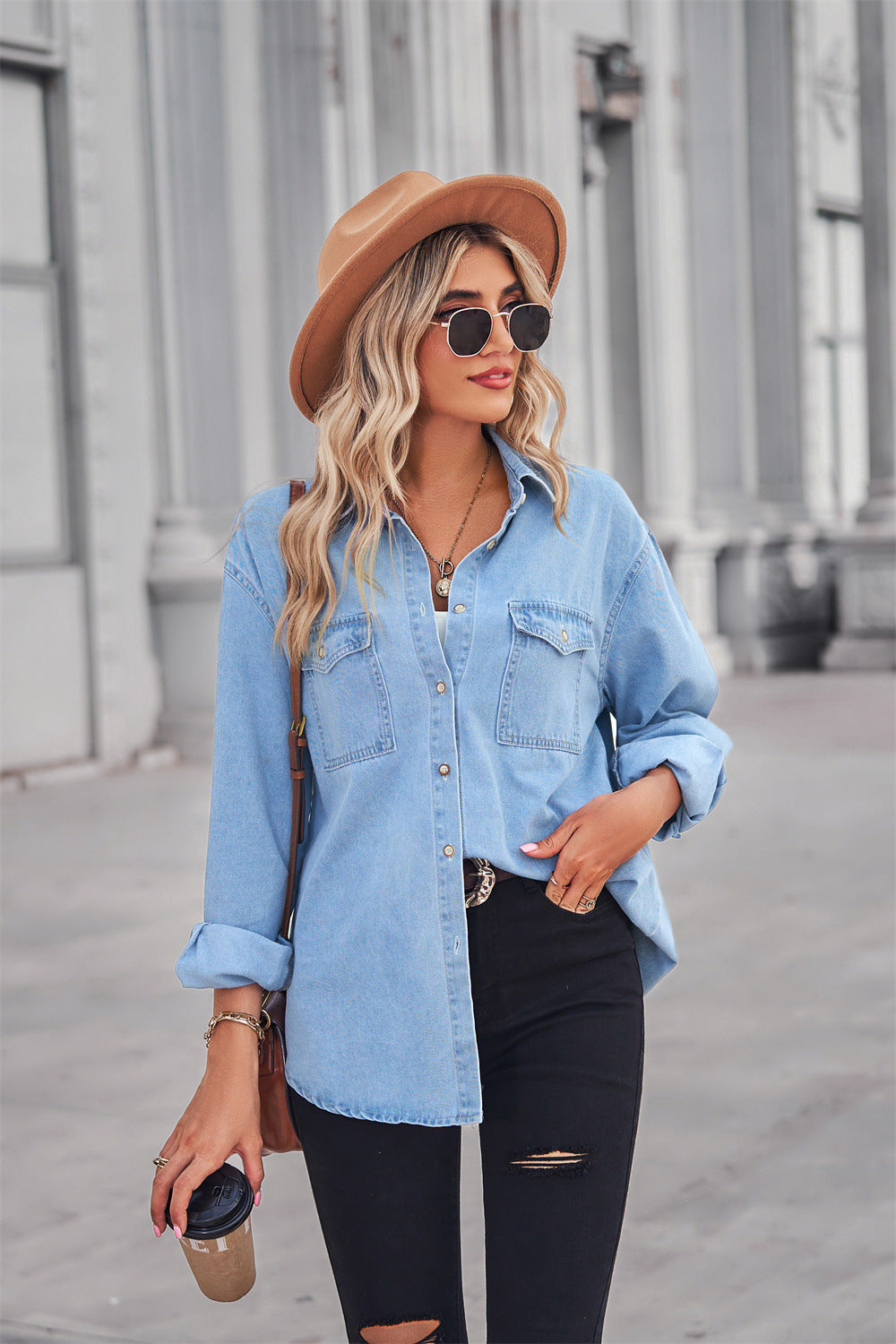 Honeybee Mumford's Collared Neck Dropped Shoulder Denim Top