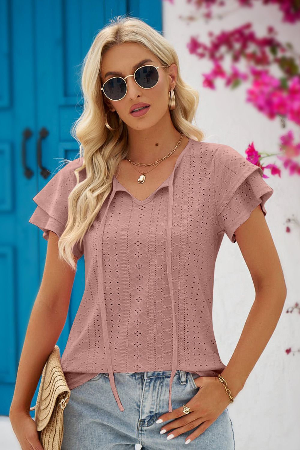 Honeybee Mumford's Eyelet Tie-Neck Flutter Sleeve Blouse