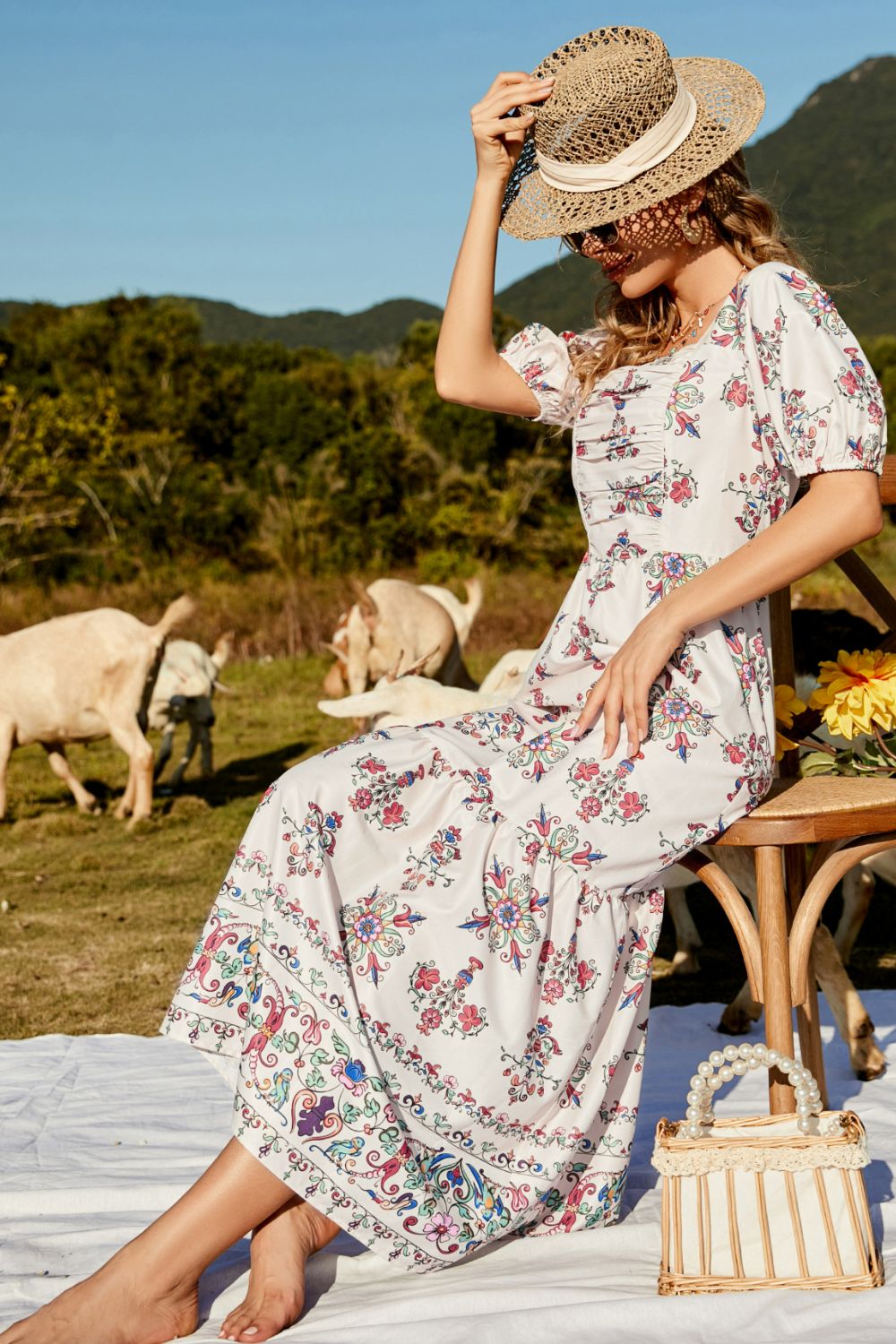 Honeybee Mumford's Casual Floral Ruched Puff Sleeve Tiered Maxi Dress