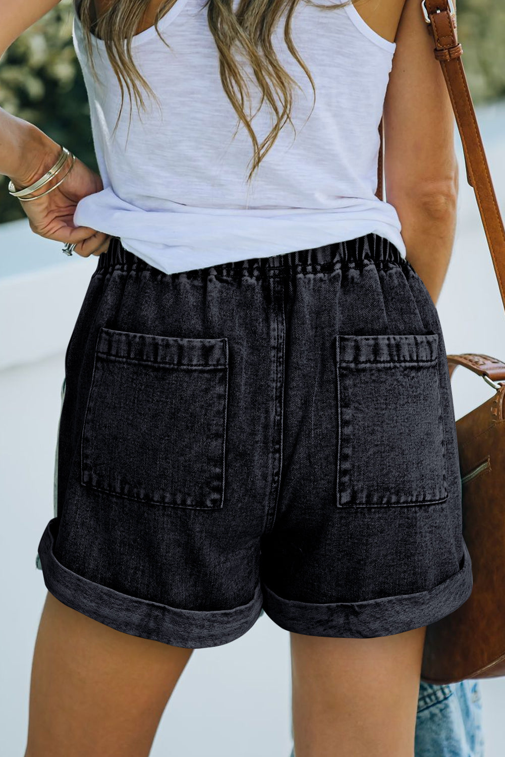 Honeybee Mumford's Black Pocketed Drawstring High Waist Denim Shorts