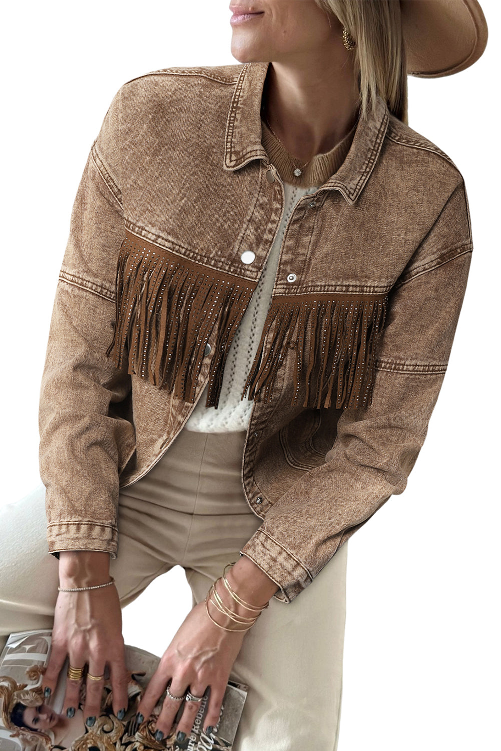 Honeybee Mumford's Brown Rhinestone Fringed Cowgirl Fashion Denim Jacket