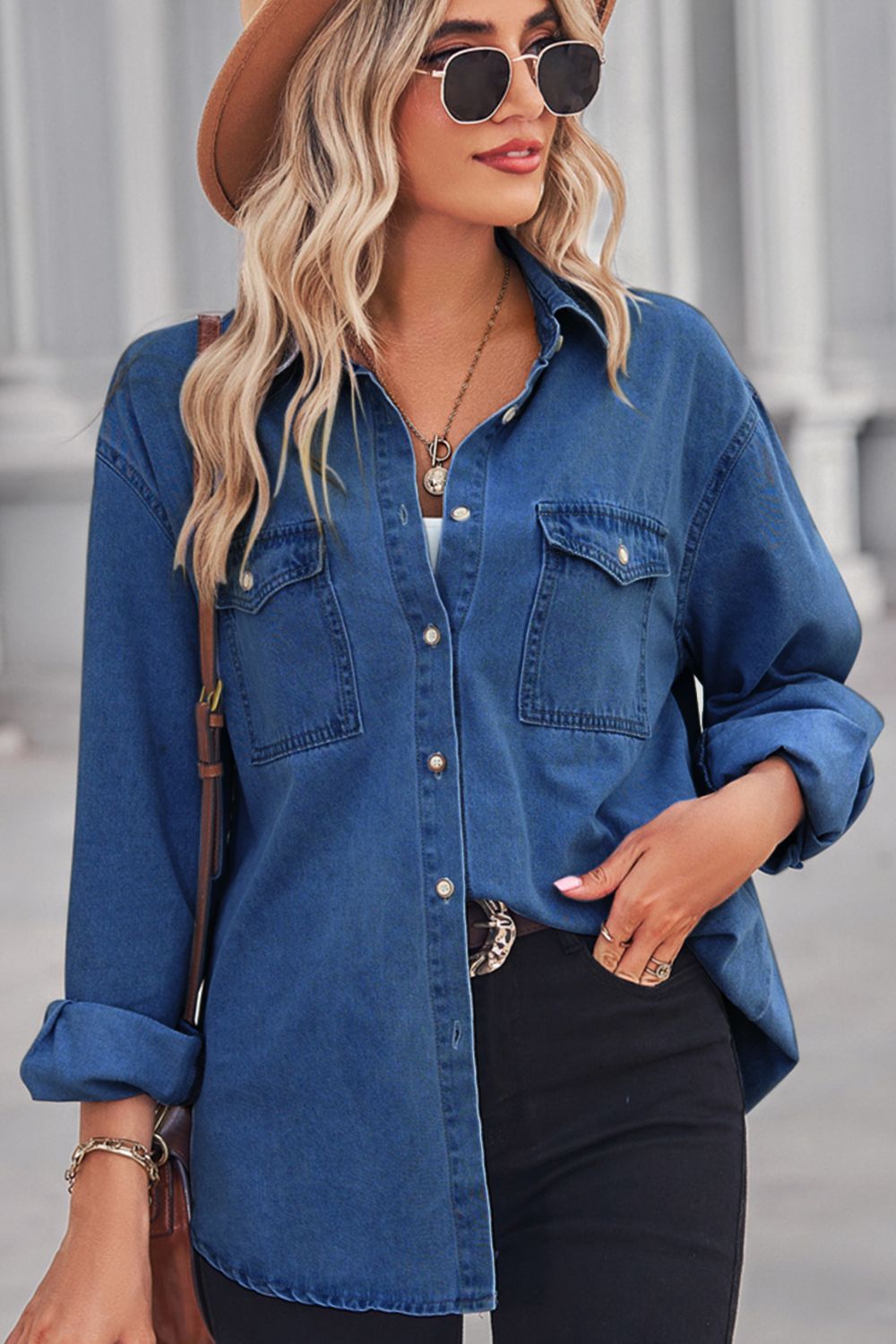 Honeybee Mumford's Collared Neck Dropped Shoulder Denim Top