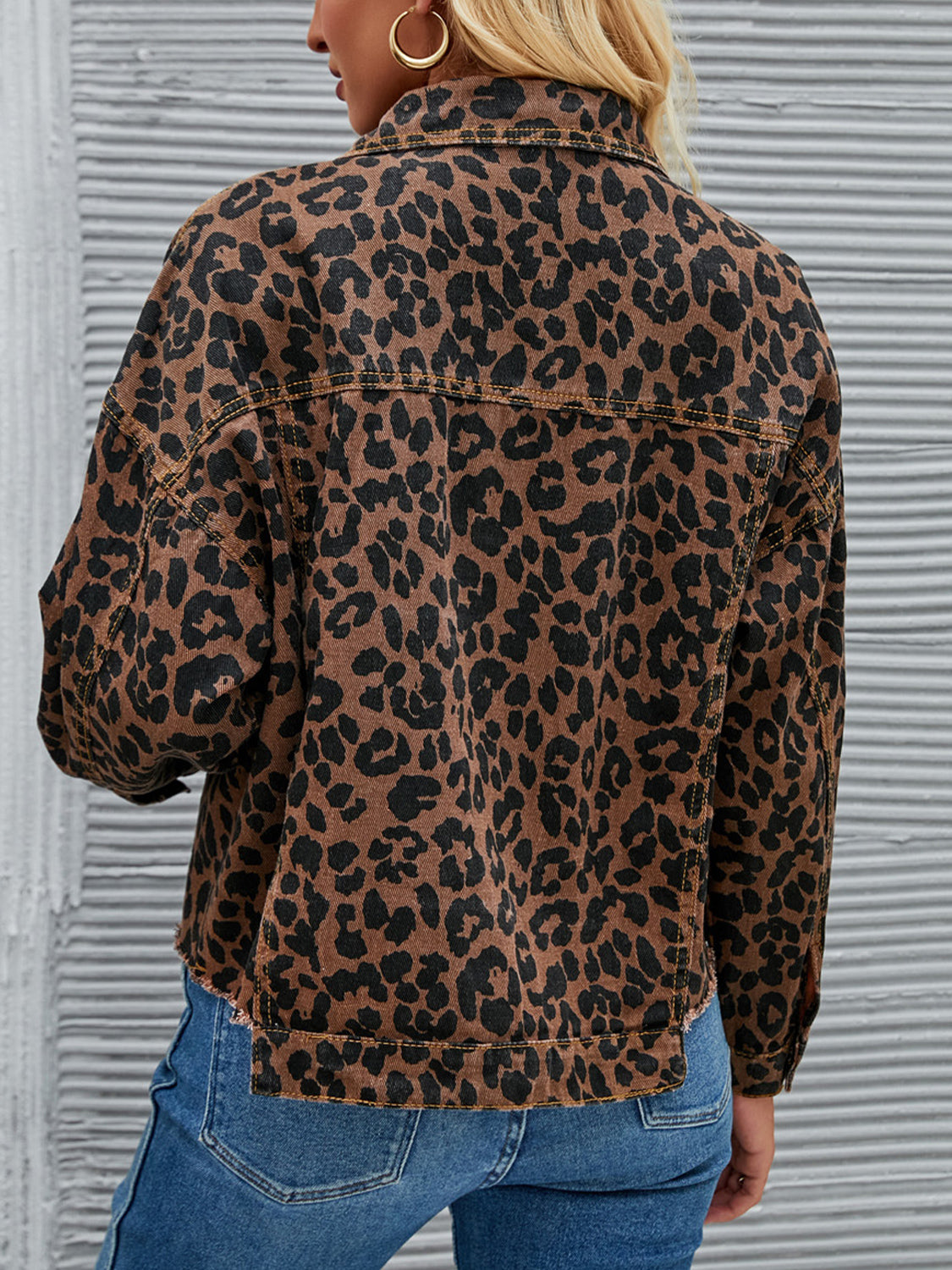 Honeybee Mumford's Leopard Button Up Dropped Shoulder Denim Jacket