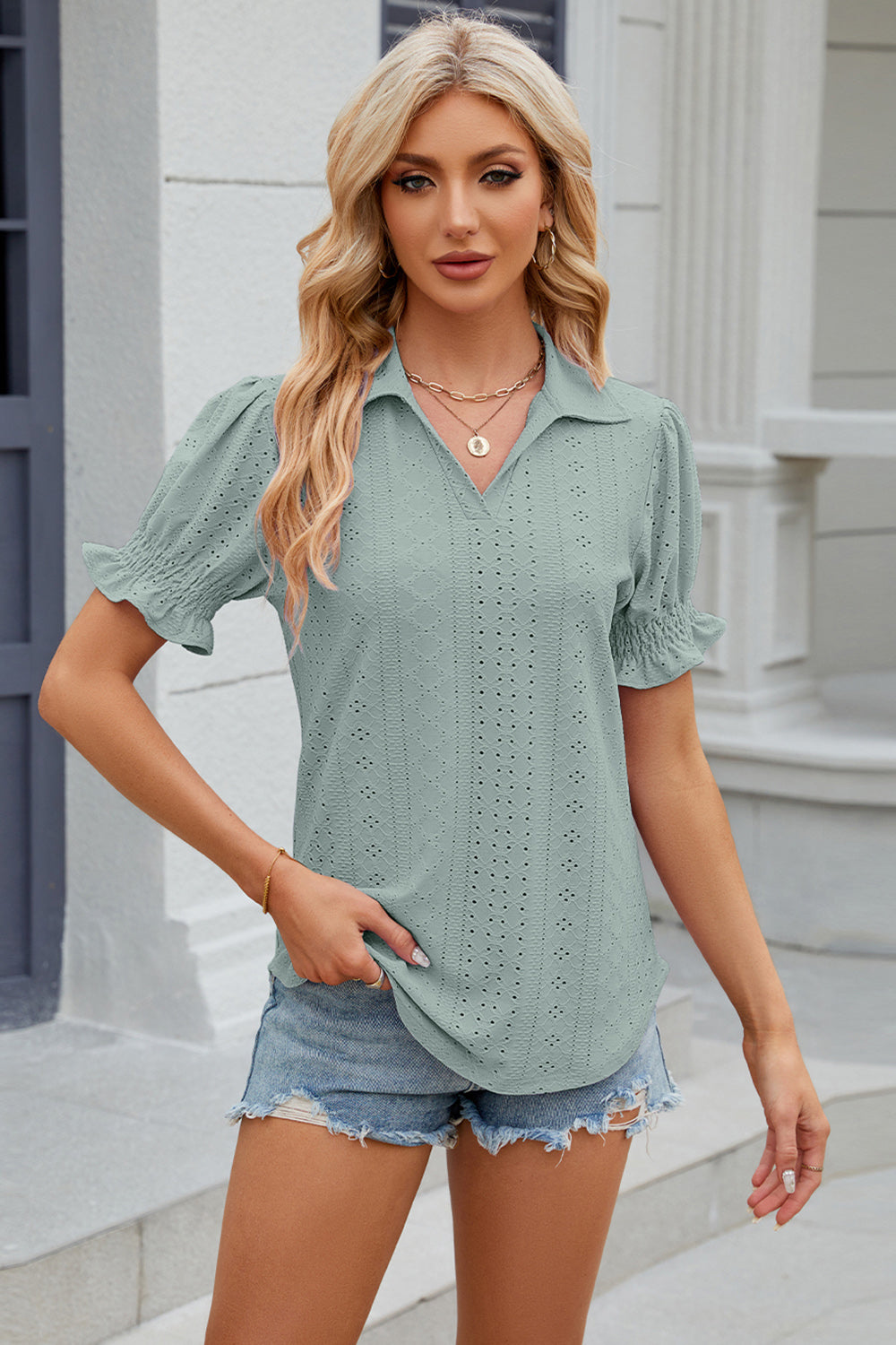 Honeybee Mumford's Eyelet Johnny Collar Short Sleeve Blouse