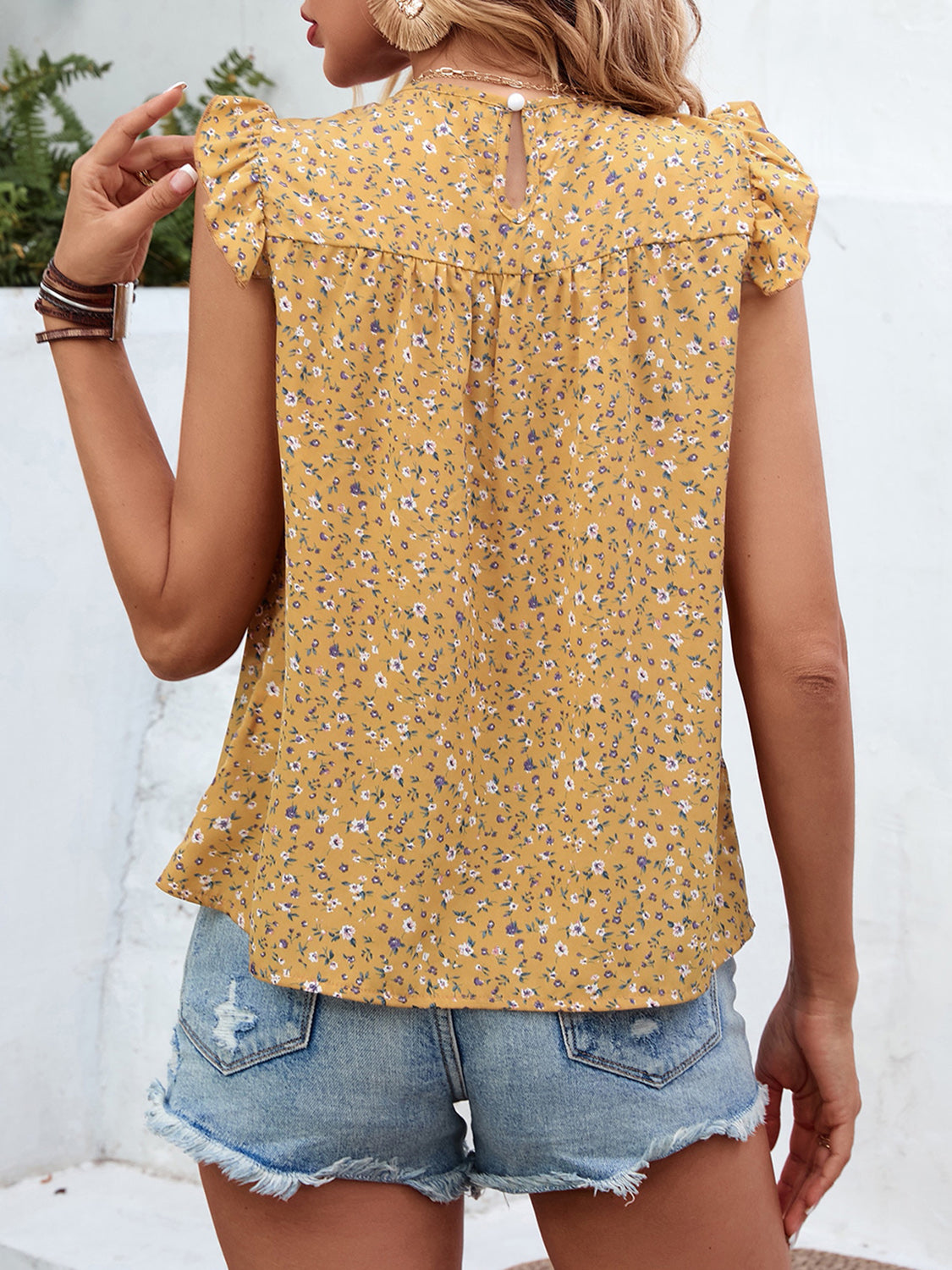 Honeybee Mumford's Ruffled Printed Round Neck Cap Sleeve Blouse