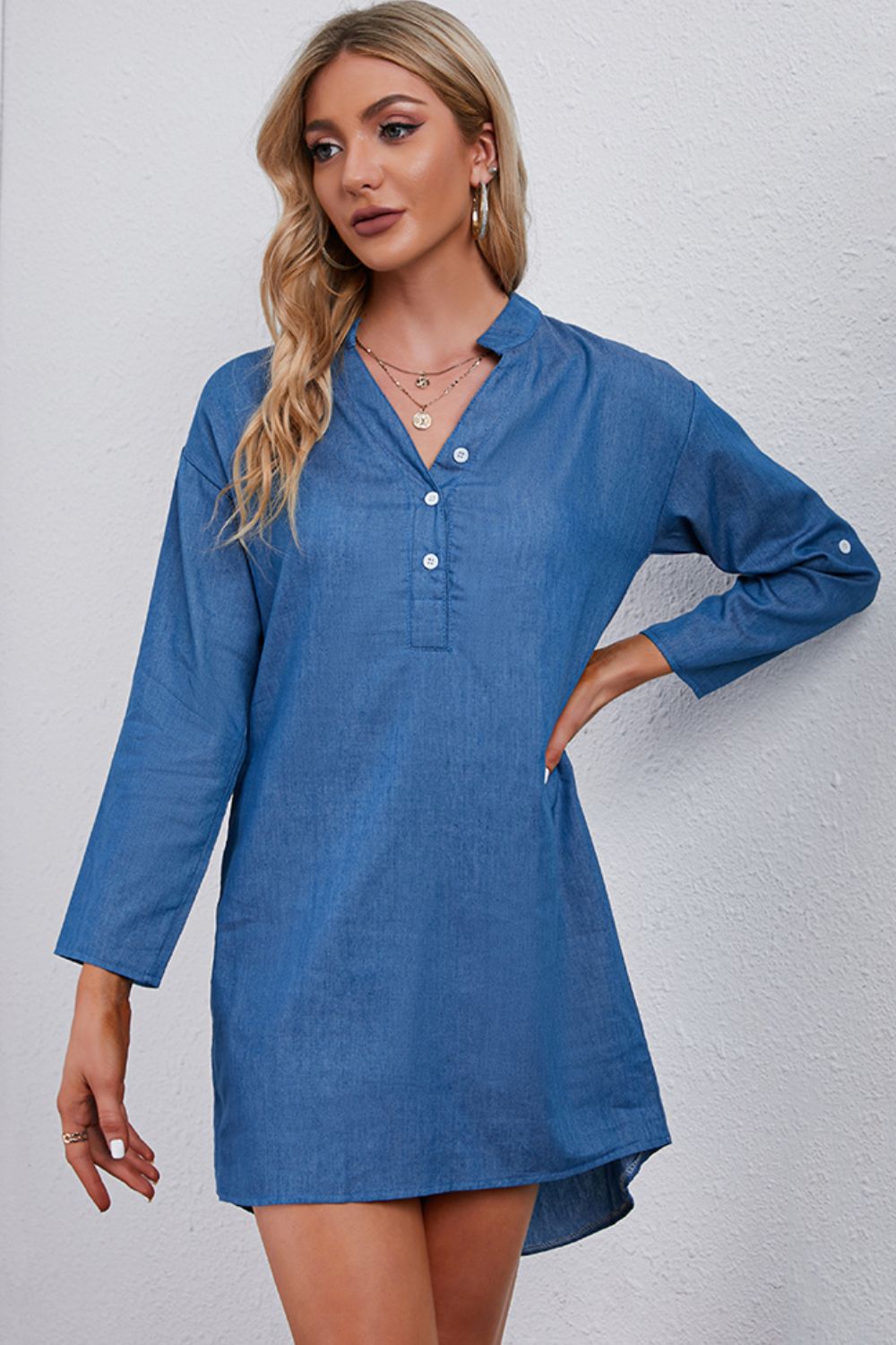 Honeybee Mumford's Half-Button Notched Neck High-Low Denim Dress