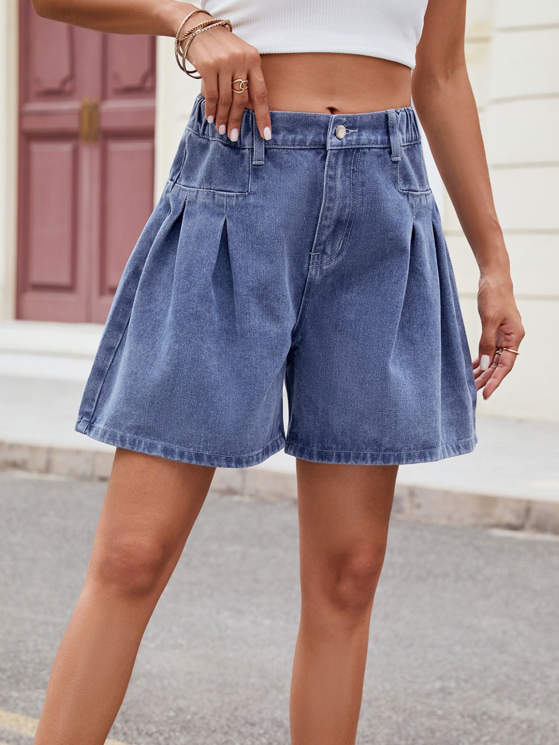 Honeybee Mumford's Ruched Half Elastic Waist Denim Shorts