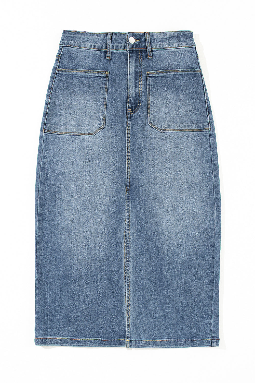 Honeybee Mumford's Sky Blue 4 Patch Pockets Front Slit Midi Denim Skirt