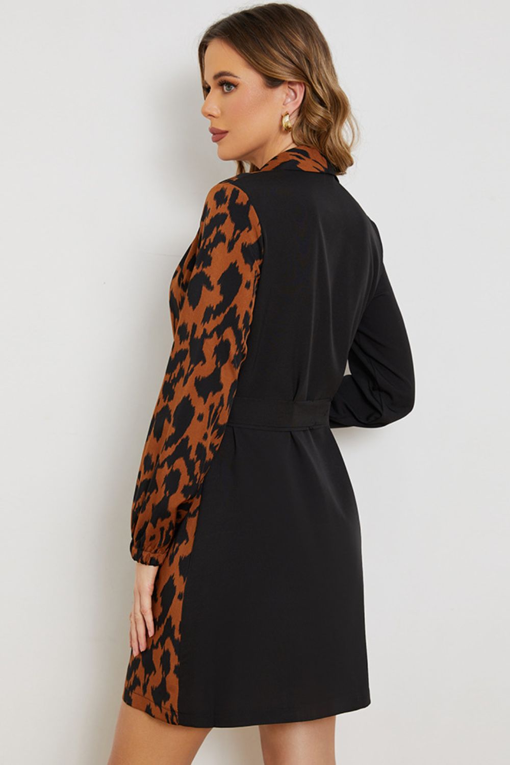 Honeybee Mumford's Leopard Color Block Belted Shawl Collar Dress