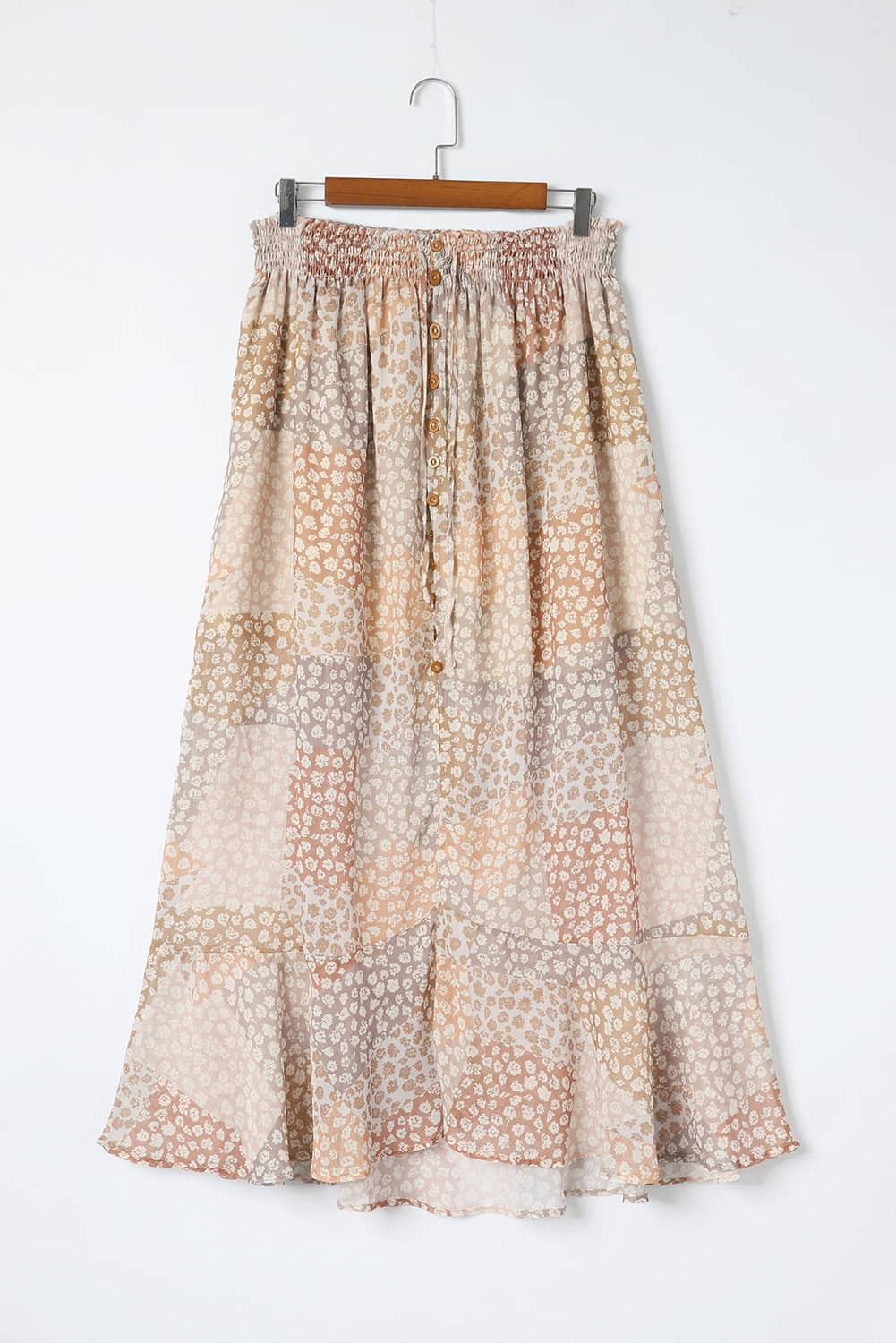 Honeybee Mumford's Apricot Boho Flower Print Smocked Waist Button Slit Maxi Skirt