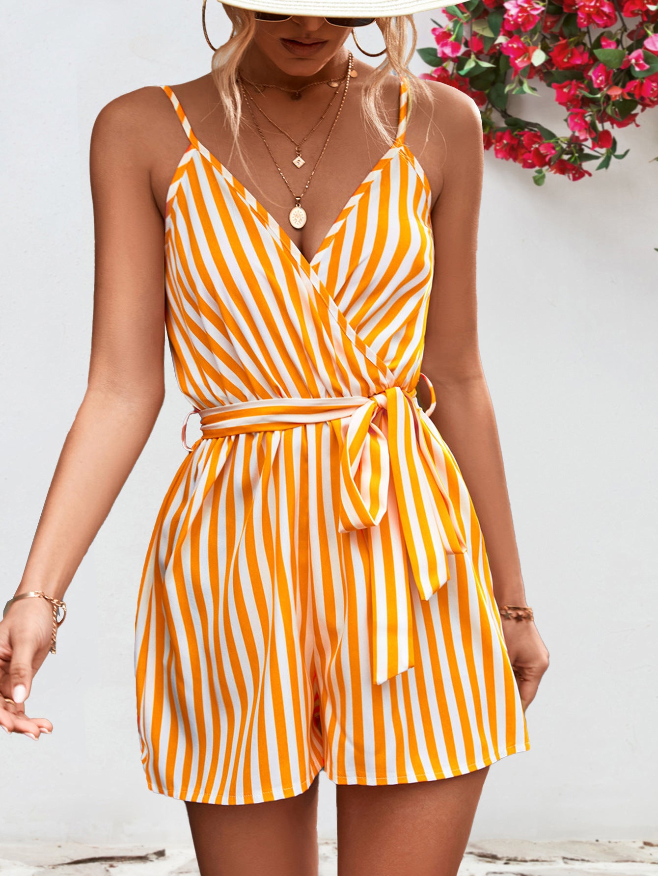 Honeybee Mumford's Striped Tie Waist Spaghetti Strap Romper