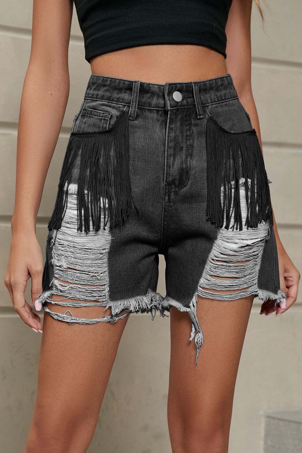 Honeybee Mumford's Fringe Trim Distressed Denim Shorts with Pockets