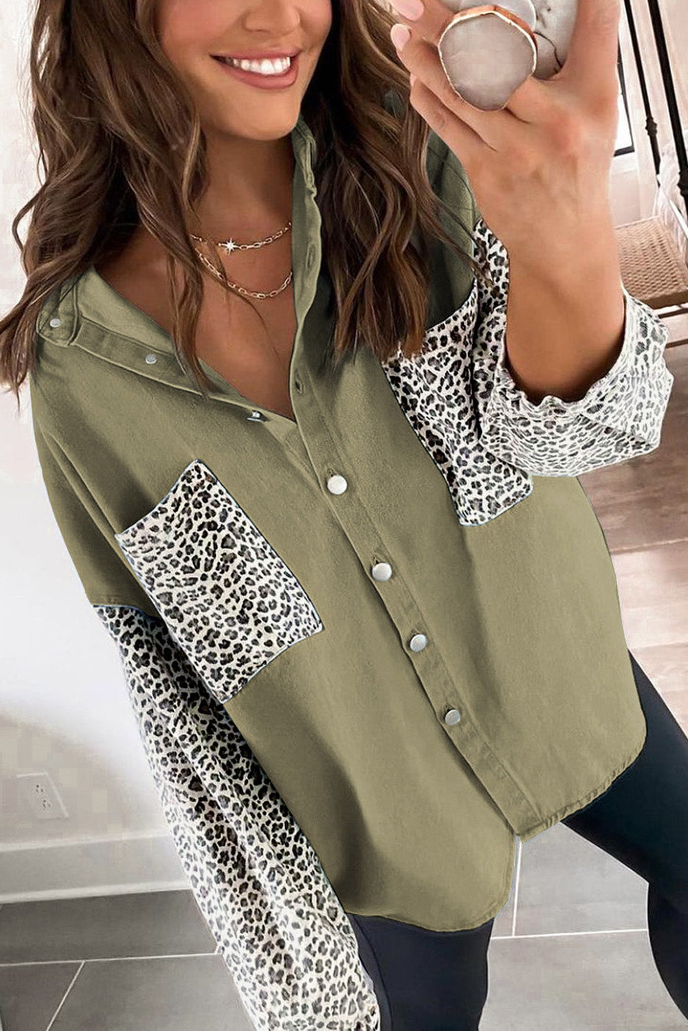 Honeybee Mumford's Contrast Leopard Denim Jacket