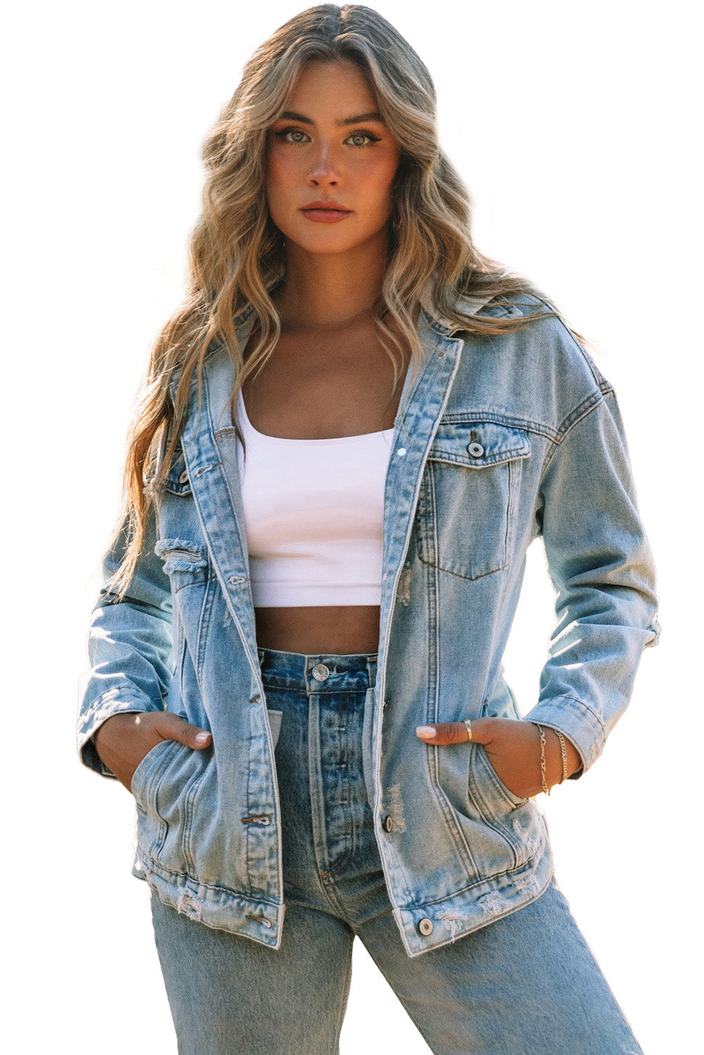 Honeybee Mumford's Sky Blue Button Closure Ripped Hooded Denim Jacket