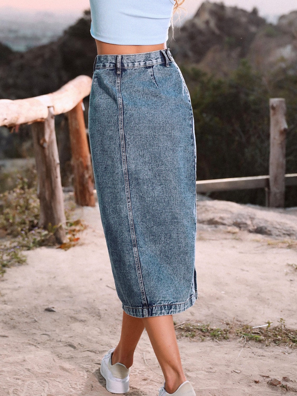 Honeybee Mumford's Button-Down Denim Skirt in Sky Blue, Navy and more