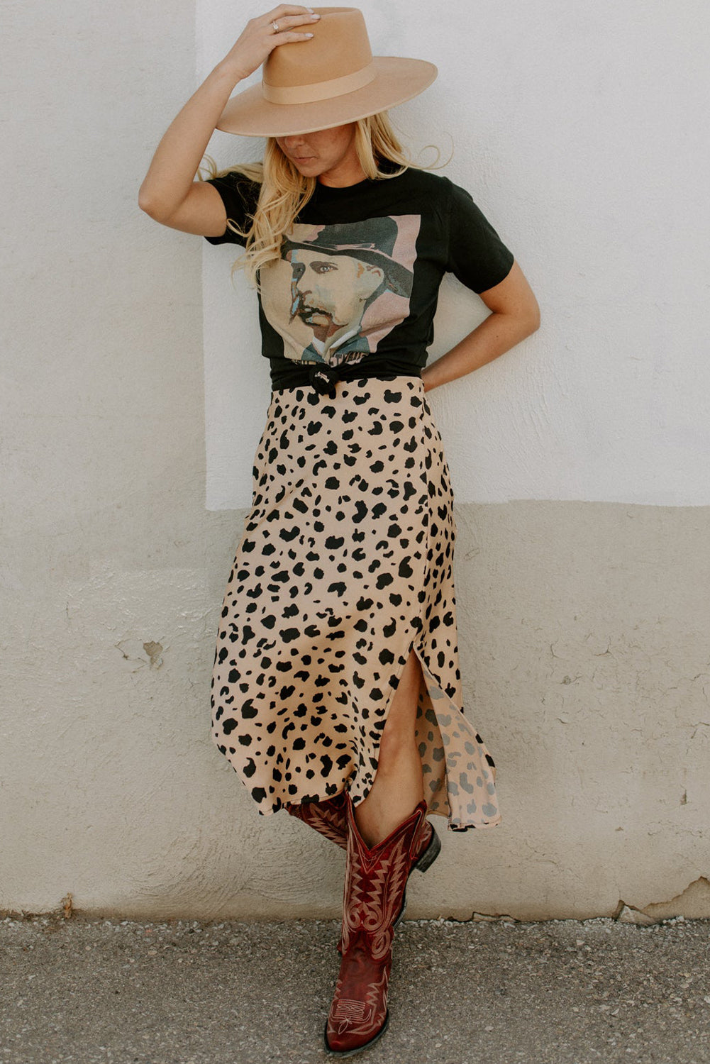 Honeybee Mumford's Khaki Leopard Spots Printed Split Hem Midi Skirt