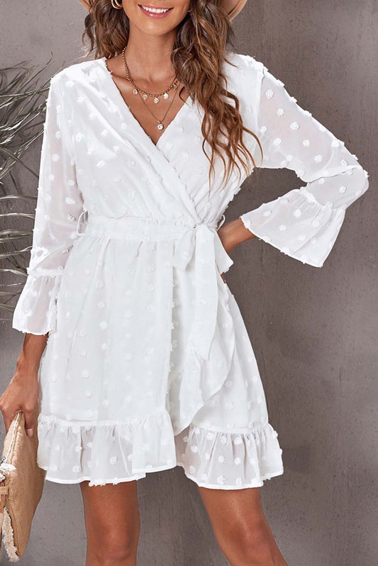 Honeybee Mumford's White Swiss Dot Ruffled Tie-Waist Surplice Dress