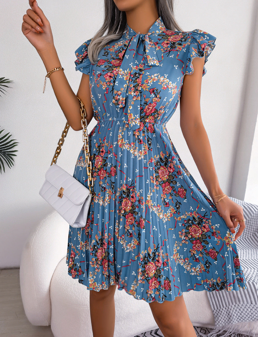 Honeybee Mumford's Pleated Floral Printed Tie Neck Knee Length Dress