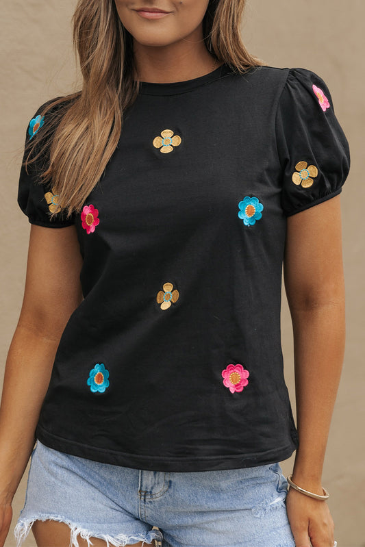 Honeybee Mumford's Black Embroidered Flower Short Puff Sleeve Tee